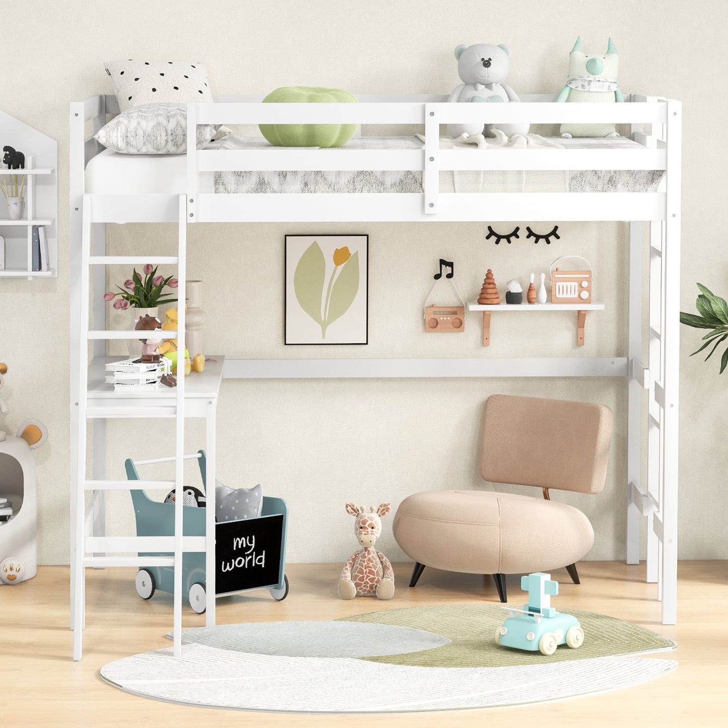 Space-Saving Twin Loft Bed with Desk, Angled Ladder, and Built-in Storage - White