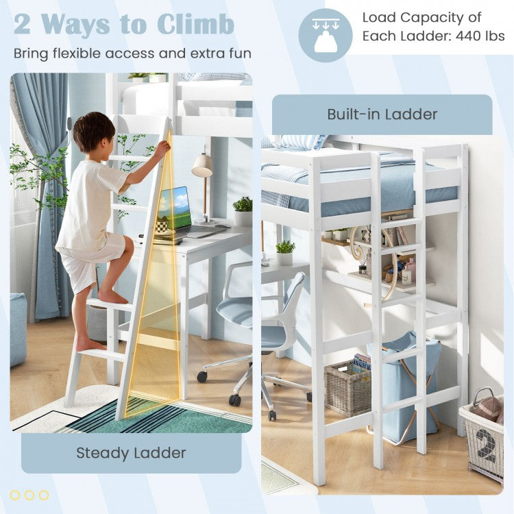 Space-Saving Twin Loft Bed with Desk, Angled Ladder, and Built-in Storage - White