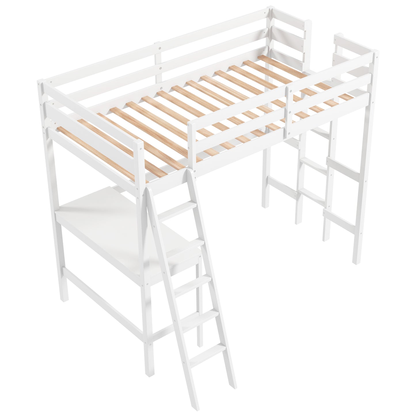 Space-Saving Twin Loft Bed with Desk, Angled Ladder, and Built-in Storage - White