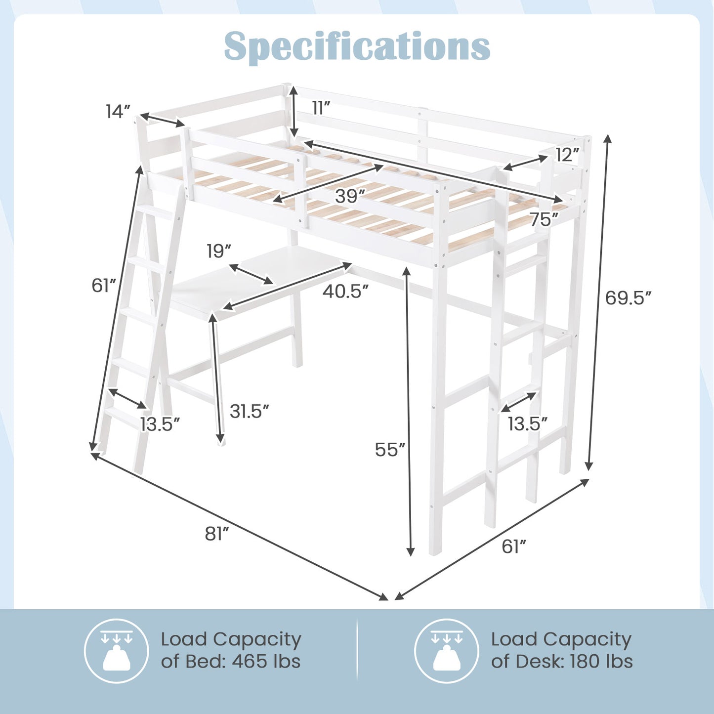 Space-Saving Twin Loft Bed with Desk, Angled Ladder, and Built-in Storage - White