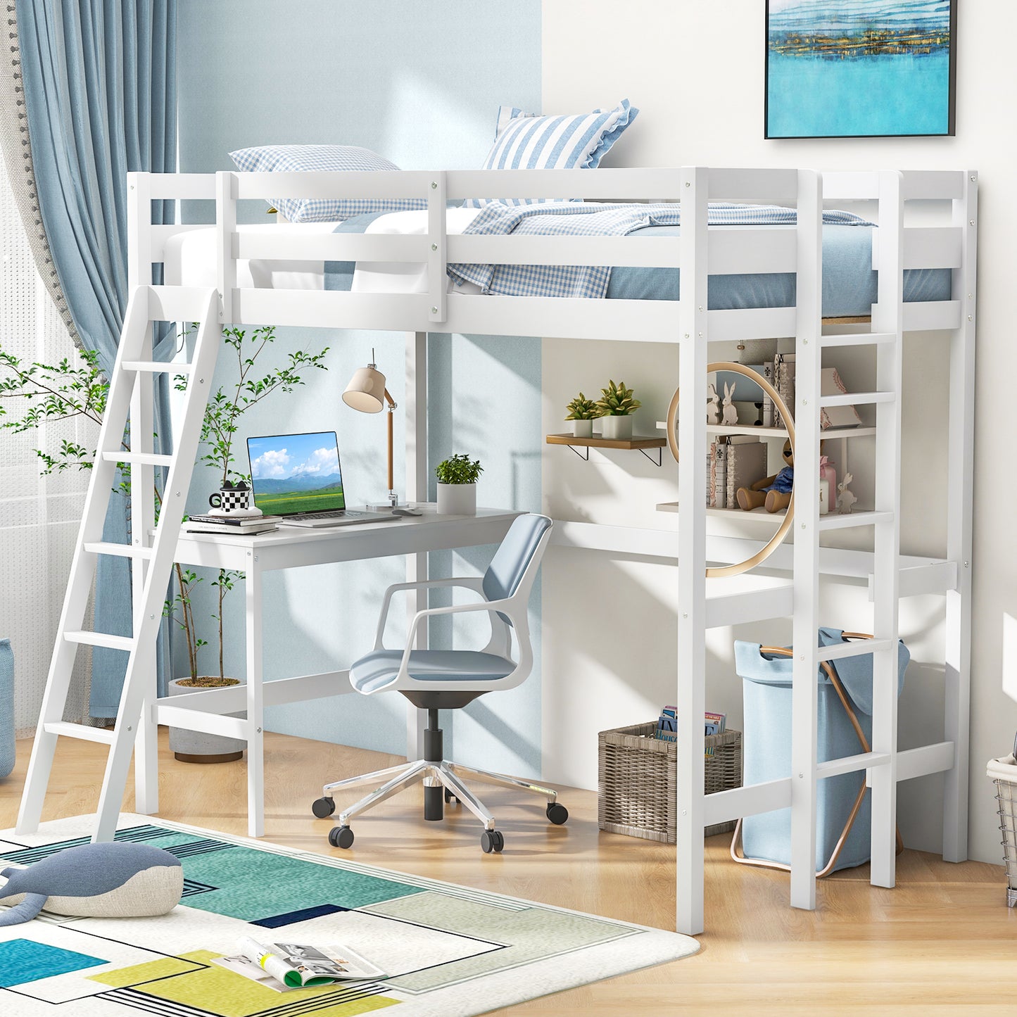 Space-Saving Twin Loft Bed with Desk, Angled Ladder, and Built-in Storage - White
