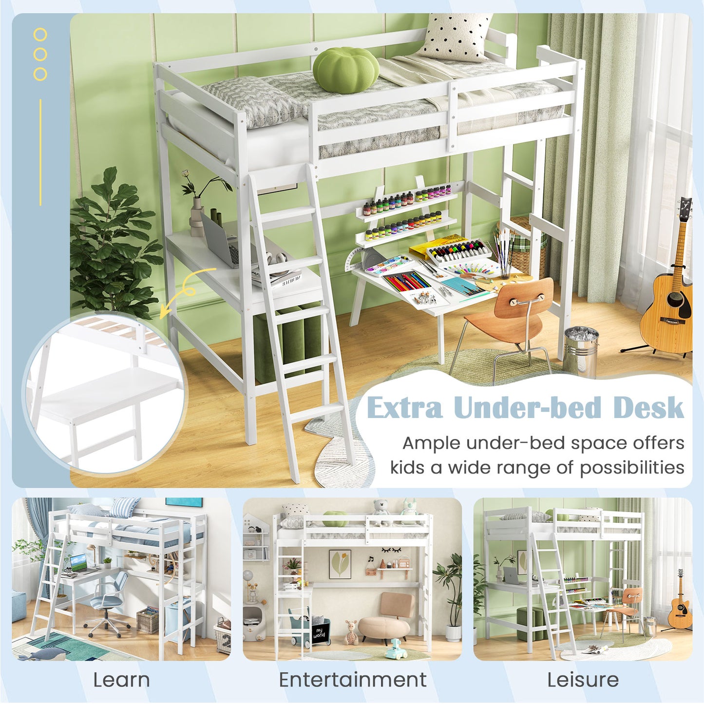 Space-Saving Twin Loft Bed with Desk, Angled Ladder, and Built-in Storage - White