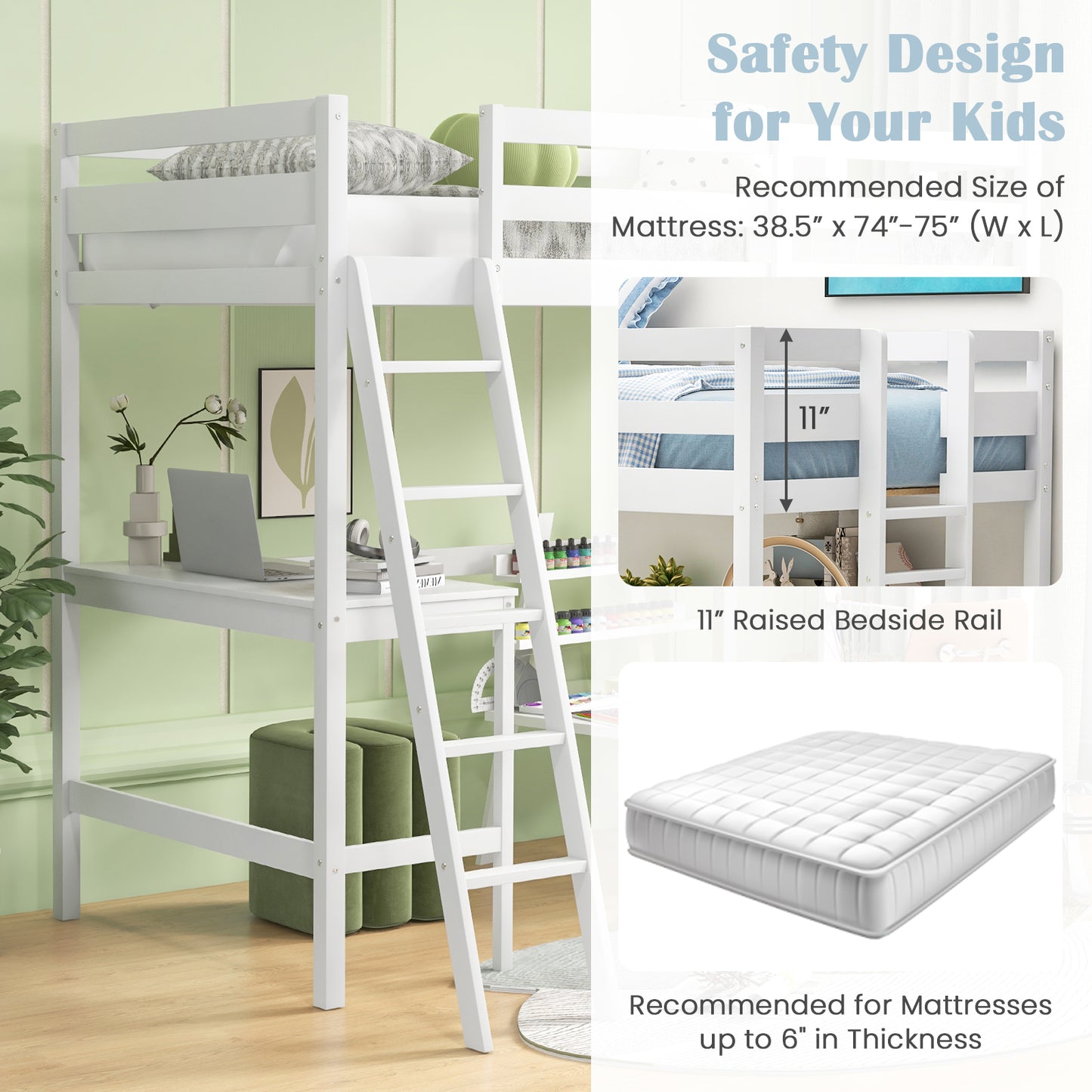 Space-Saving Twin Loft Bed with Desk, Angled Ladder, and Built-in Storage - White