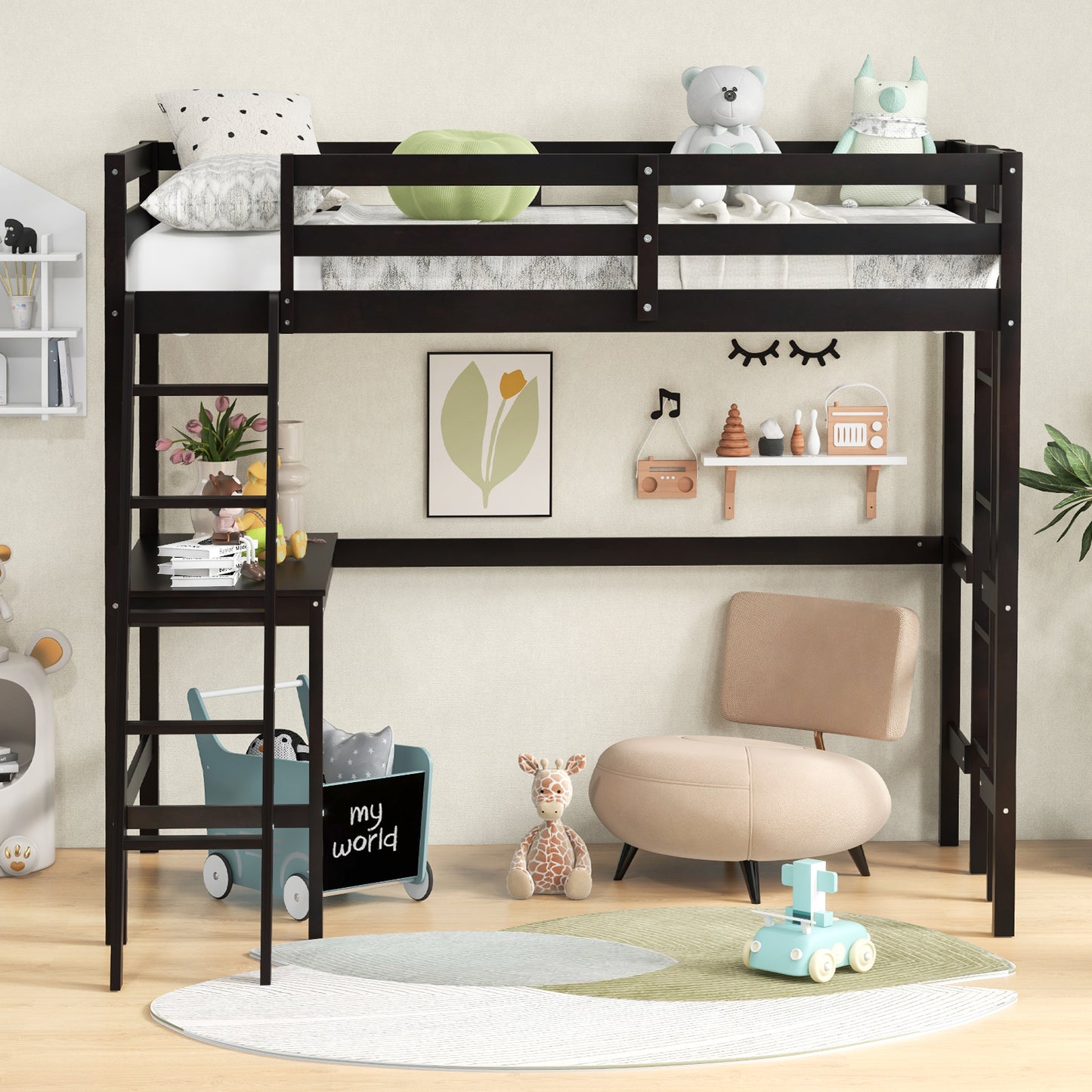 Space-Saving Twin Loft Bed with Desk, Angled Ladder, and Built-in Storage - Dark Brown