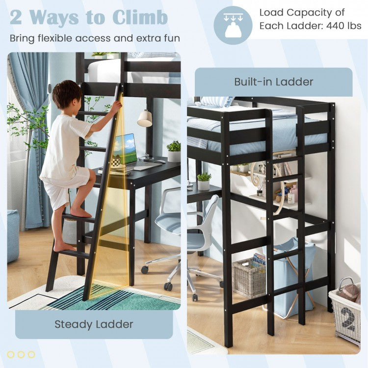 Space-Saving Twin Loft Bed with Desk, Angled Ladder, and Built-in Storage - Dark Brown