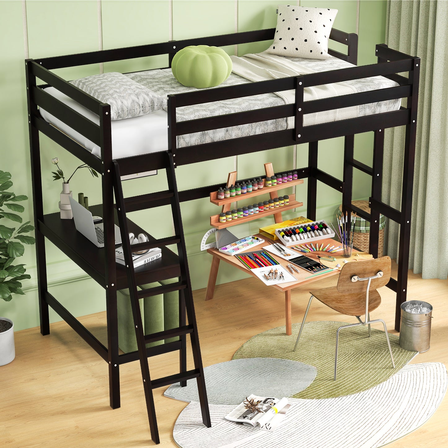 Space-Saving Twin Loft Bed with Desk, Angled Ladder, and Built-in Storage - Dark Brown
