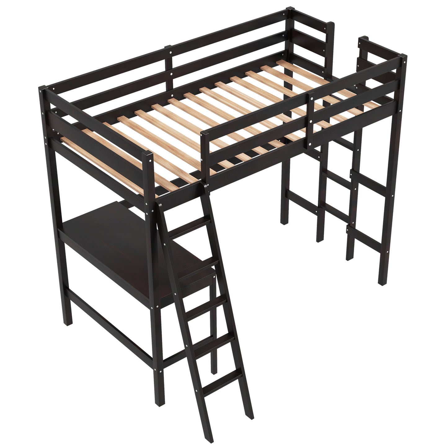 Space-Saving Twin Loft Bed with Desk, Angled Ladder, and Built-in Storage - Dark Brown