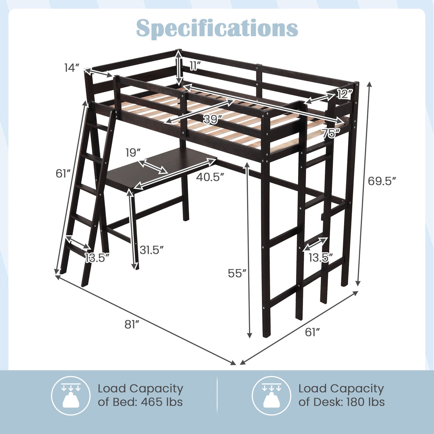Space-Saving Twin Loft Bed with Desk, Angled Ladder, and Built-in Storage - Dark Brown