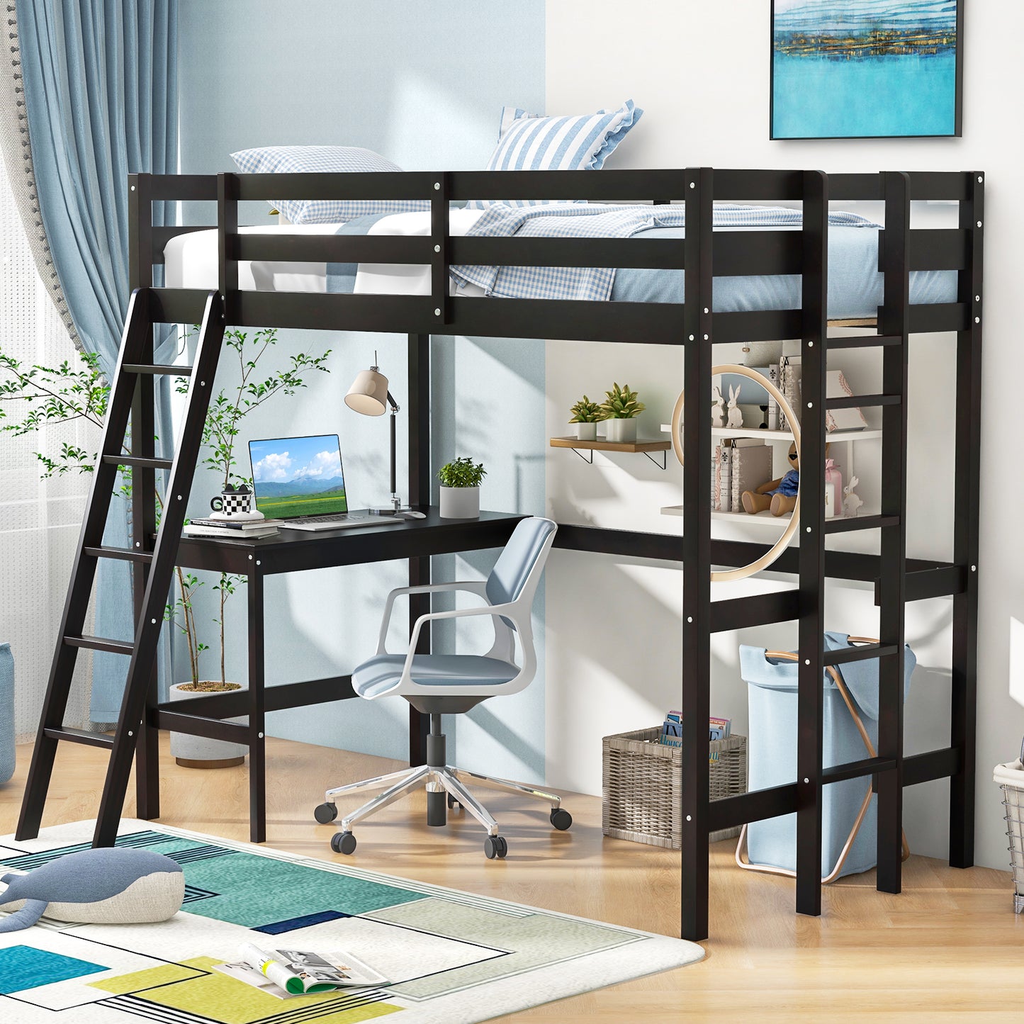 Space-Saving Twin Loft Bed with Desk, Angled Ladder, and Built-in Storage - Dark Brown