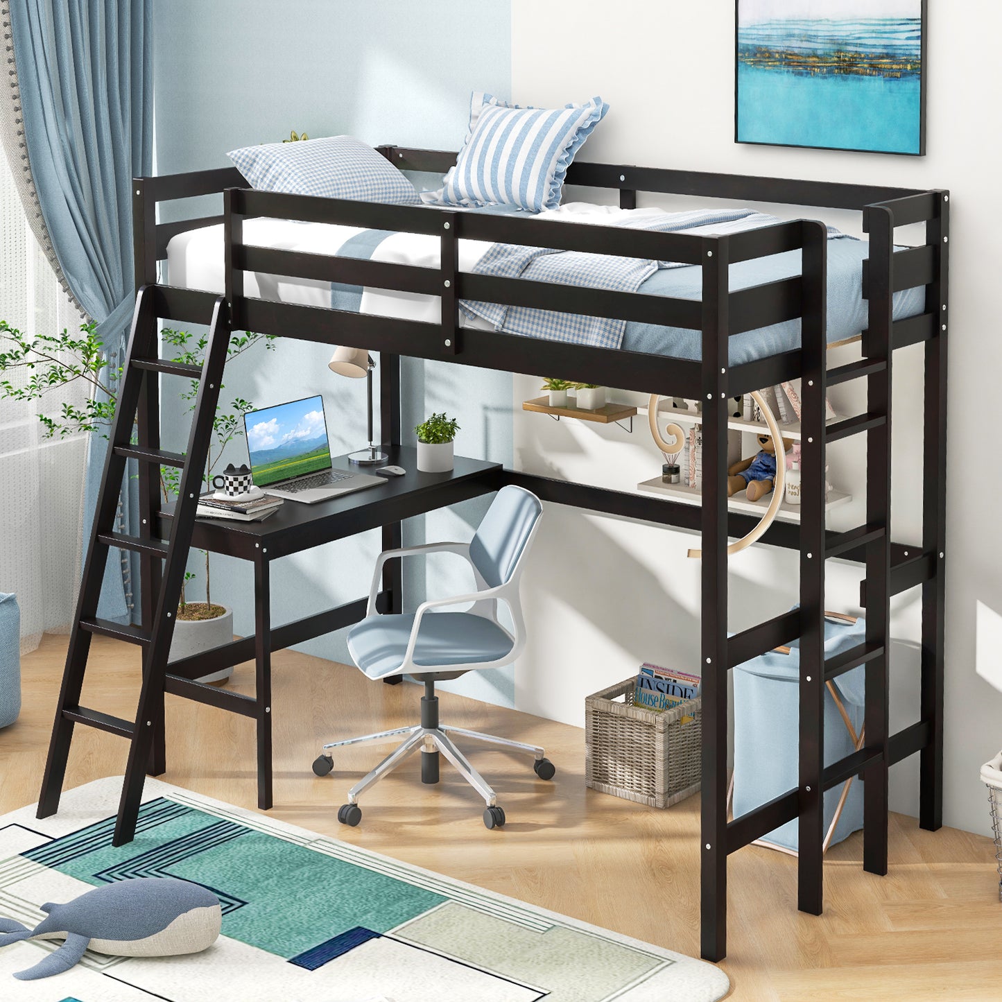 Space-Saving Twin Loft Bed with Desk, Angled Ladder, and Built-in Storage - Dark Brown