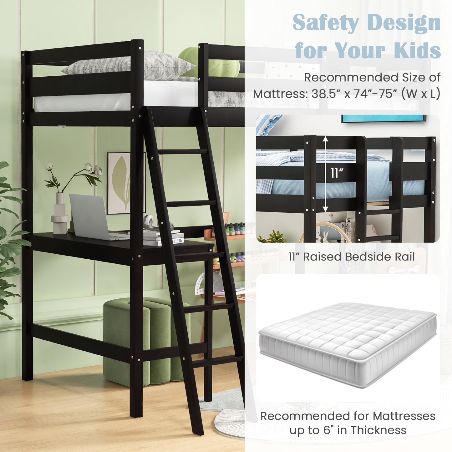 Space-Saving Twin Loft Bed with Desk, Angled Ladder, and Built-in Storage - Dark Brown
