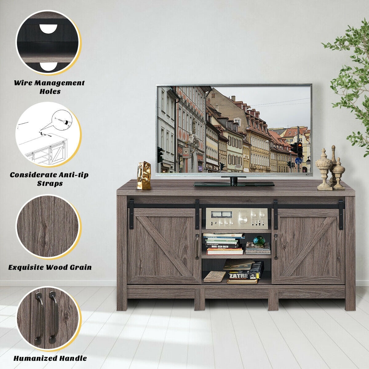 Rustic TV Stand for TVs up to 55 Inches with Sliding Barn Doors and Adjustable Storage Shelves