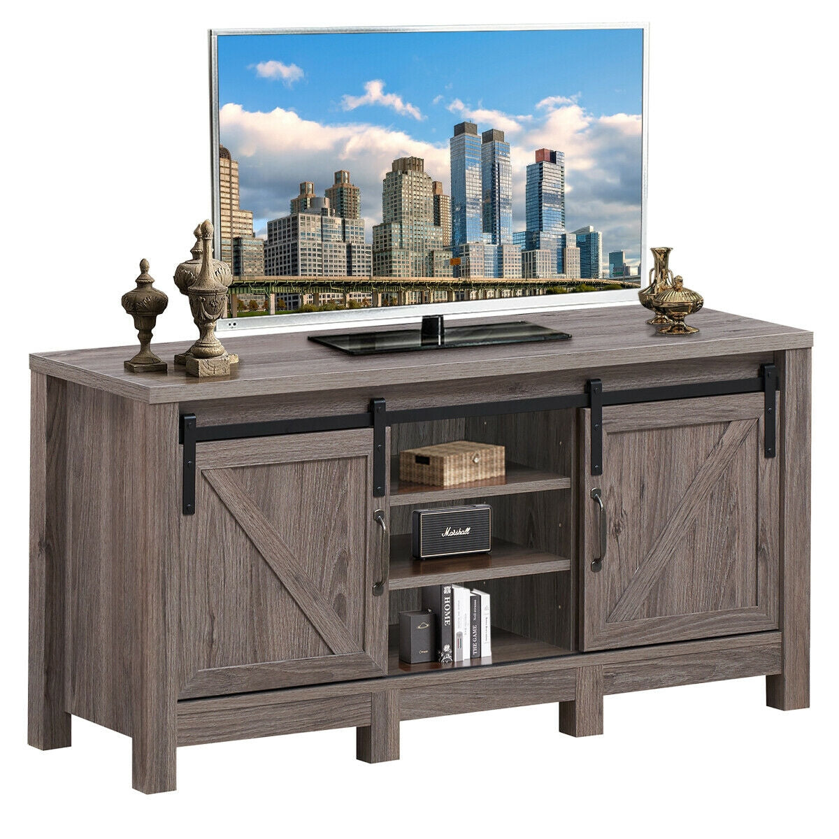 Rustic TV Stand for TVs up to 55 Inches with Sliding Barn Doors and Adjustable Storage Shelves