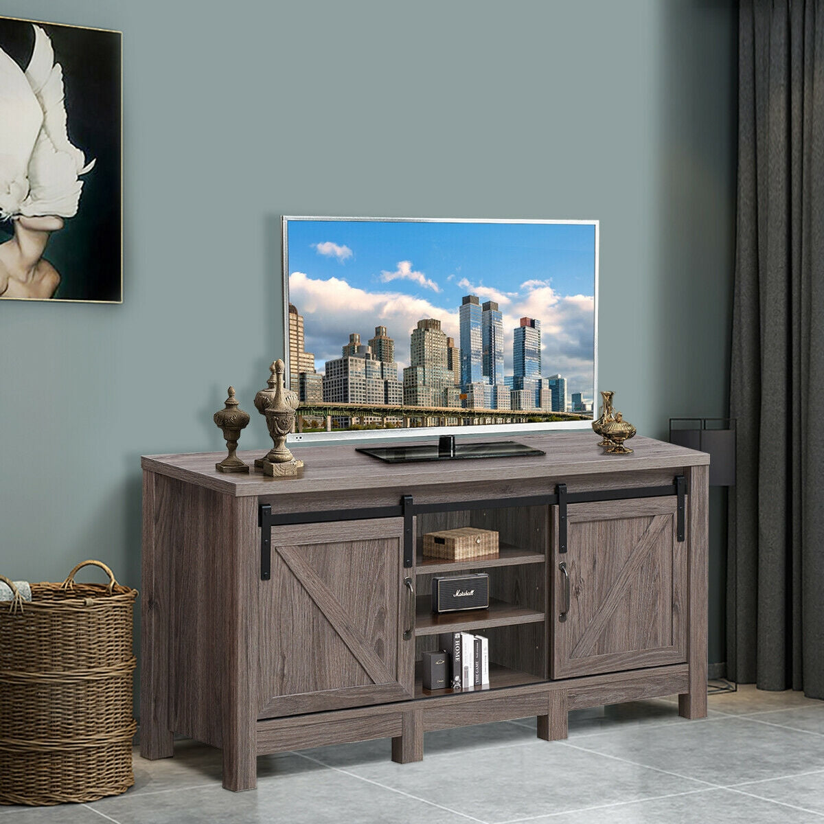 Rustic TV Stand for TVs up to 55 Inches with Sliding Barn Doors and Adjustable Storage Shelves