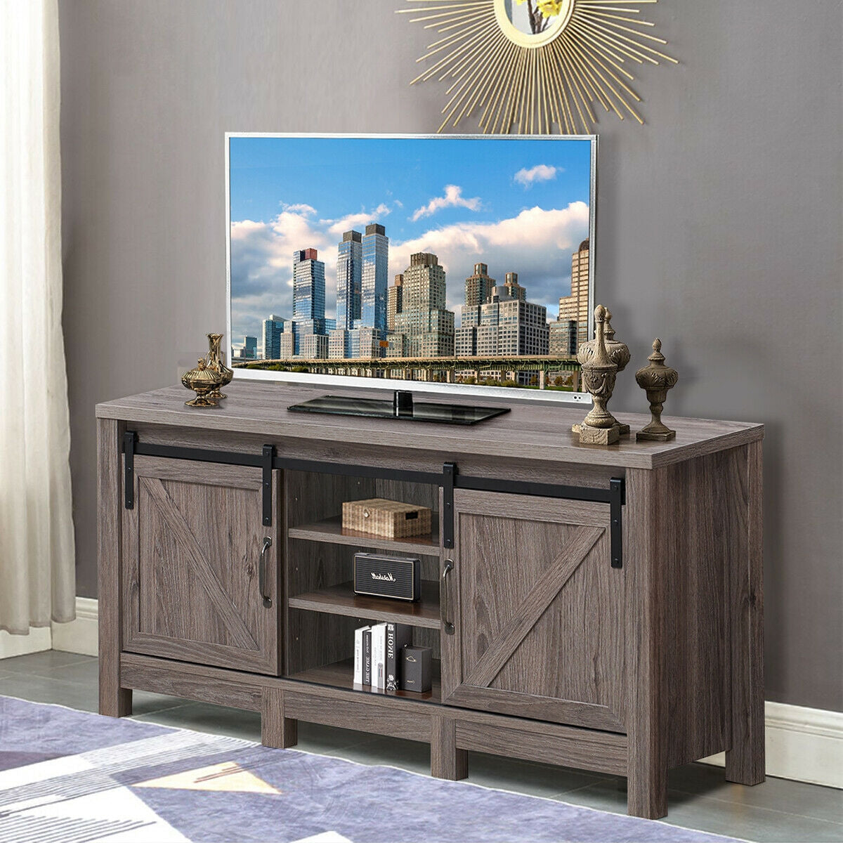 Rustic TV Stand for TVs up to 55 Inches with Sliding Barn Doors and Adjustable Storage Shelves