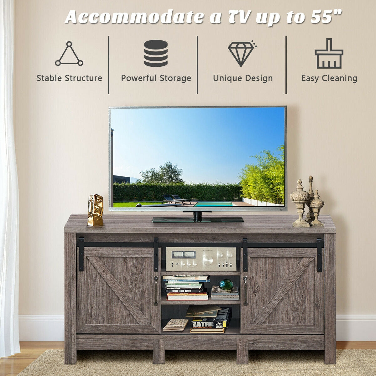 Rustic TV Stand for TVs up to 55 Inches with Sliding Barn Doors and Adjustable Storage Shelves