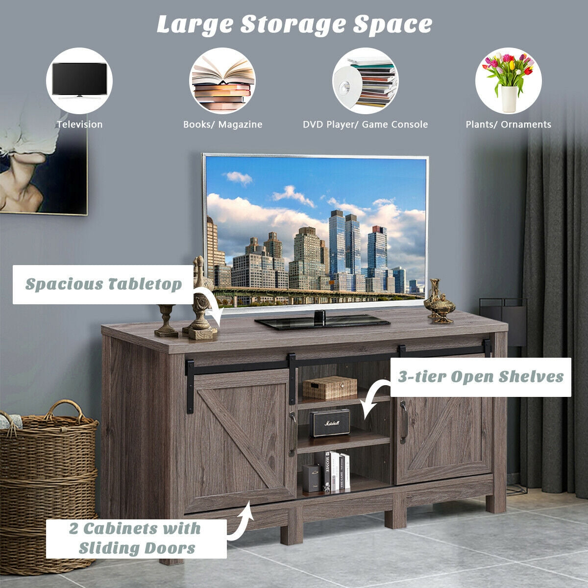 Rustic TV Stand for TVs up to 55 Inches with Sliding Barn Doors and Adjustable Storage Shelves