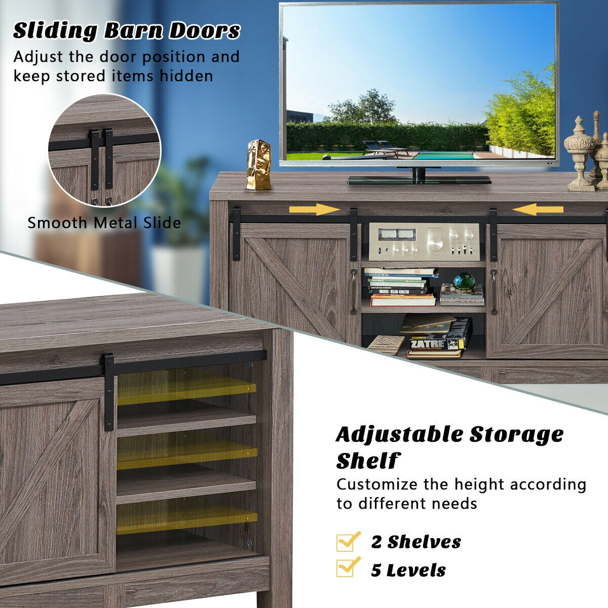 Rustic TV Stand for TVs up to 55 Inches with Sliding Barn Doors and Adjustable Storage Shelves