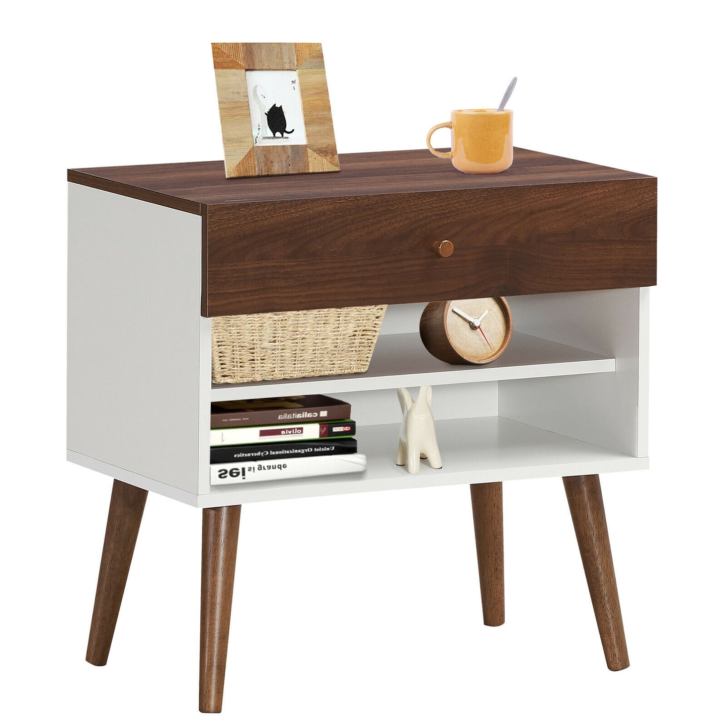 Mid-Century Modern Nightstand with Drawer and Solid Rubber Wood Legs