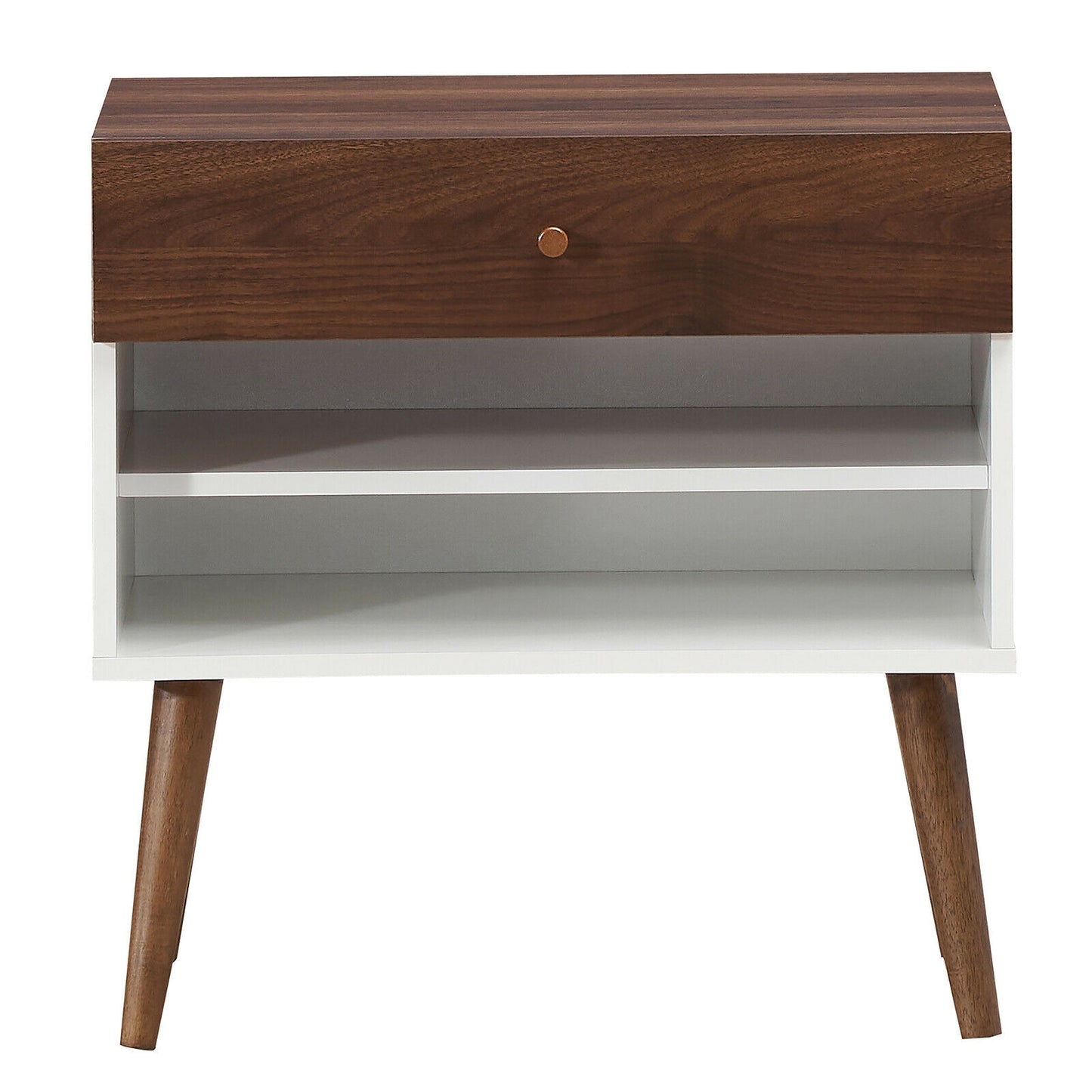 Mid-Century Modern Nightstand with Drawer and Solid Rubber Wood Legs