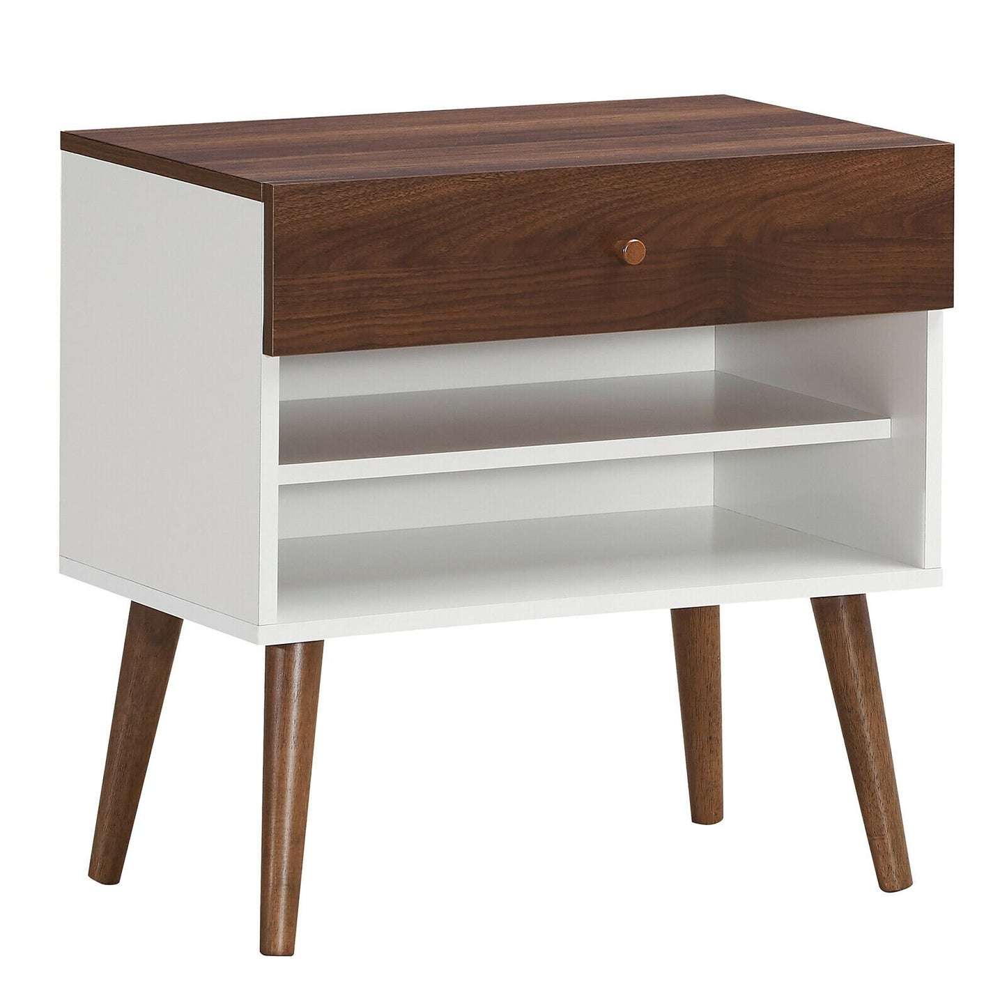 Mid-Century Modern Nightstand with Drawer and Solid Rubber Wood Legs