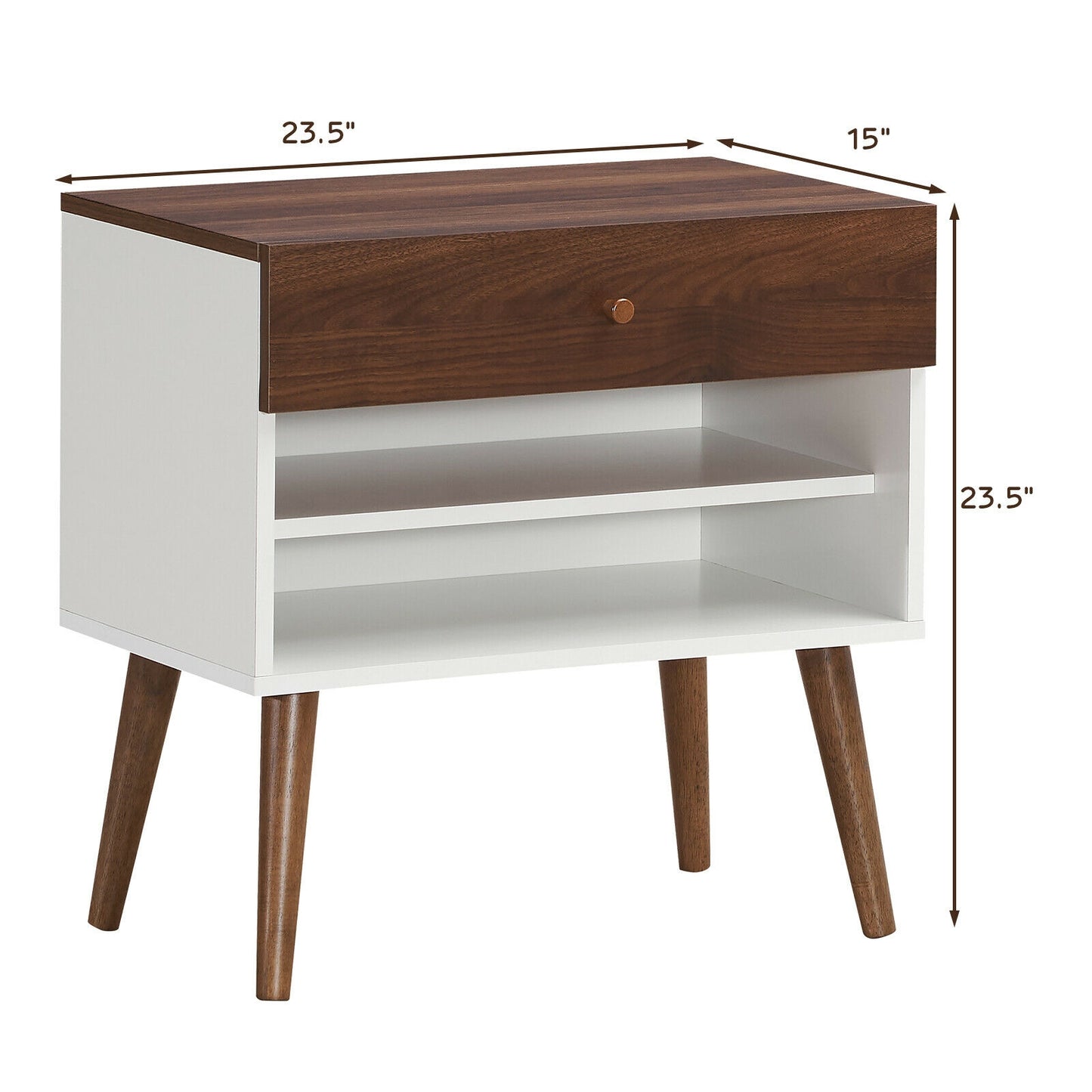 Mid-Century Modern Nightstand with Drawer and Solid Rubber Wood Legs