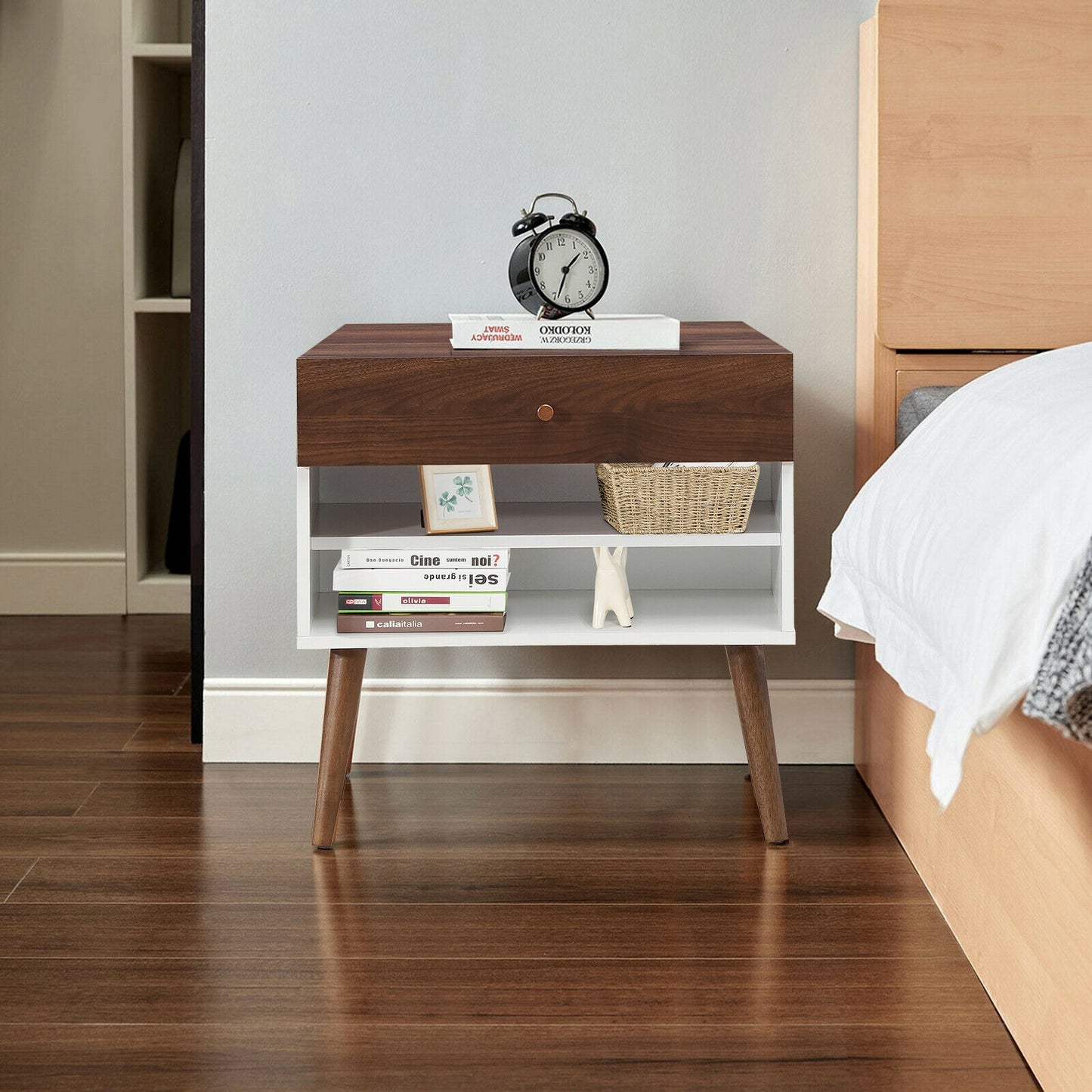 Mid-Century Modern Nightstand with Drawer and Solid Rubber Wood Legs