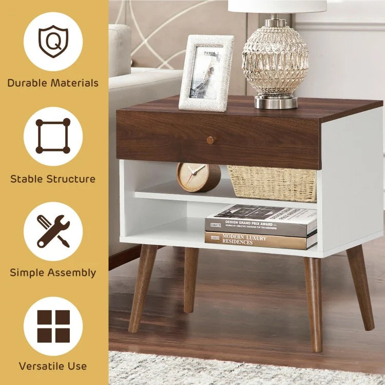 Mid-Century Modern Nightstand with Drawer and Solid Rubber Wood Legs
