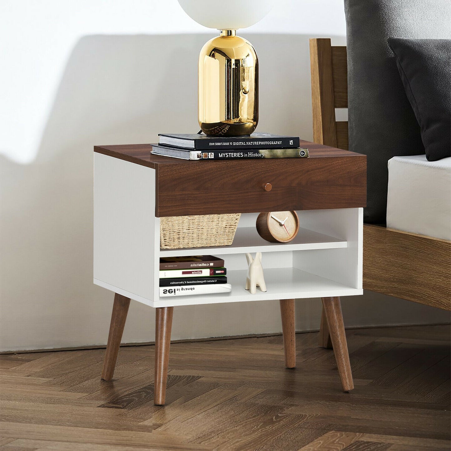 Mid-Century Modern Nightstand with Drawer and Solid Rubber Wood Legs