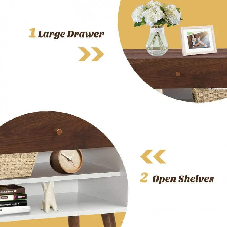 Mid-Century Modern Nightstand with Drawer and Solid Rubber Wood Legs