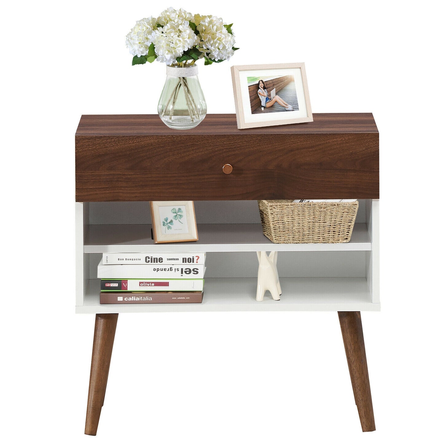 Mid-Century Modern Nightstand with Drawer and Solid Rubber Wood Legs