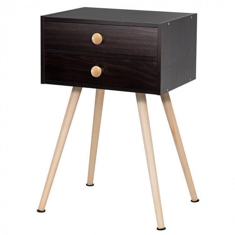 Compact Nightstand with Storage Drawers, Mid-Century Style – Brown