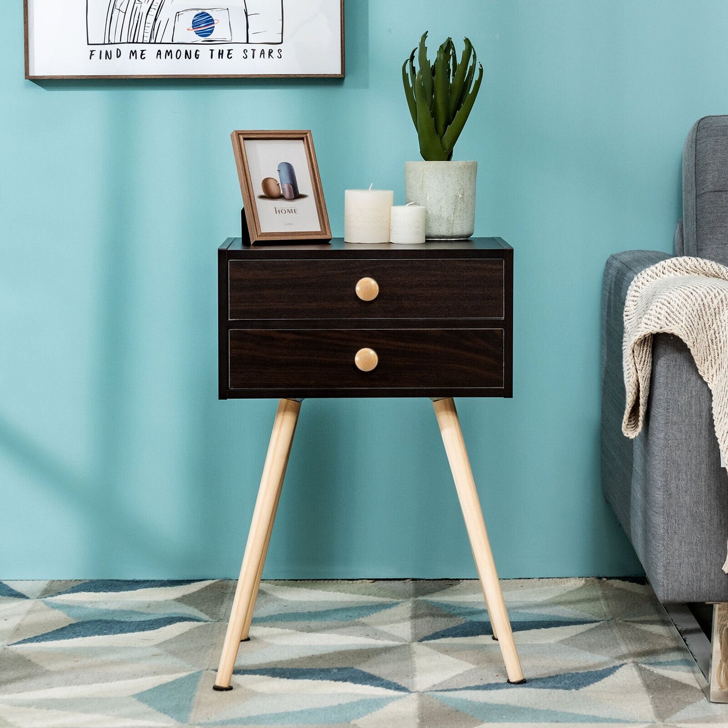 Compact Nightstand with Storage Drawers, Mid-Century Style – Brown