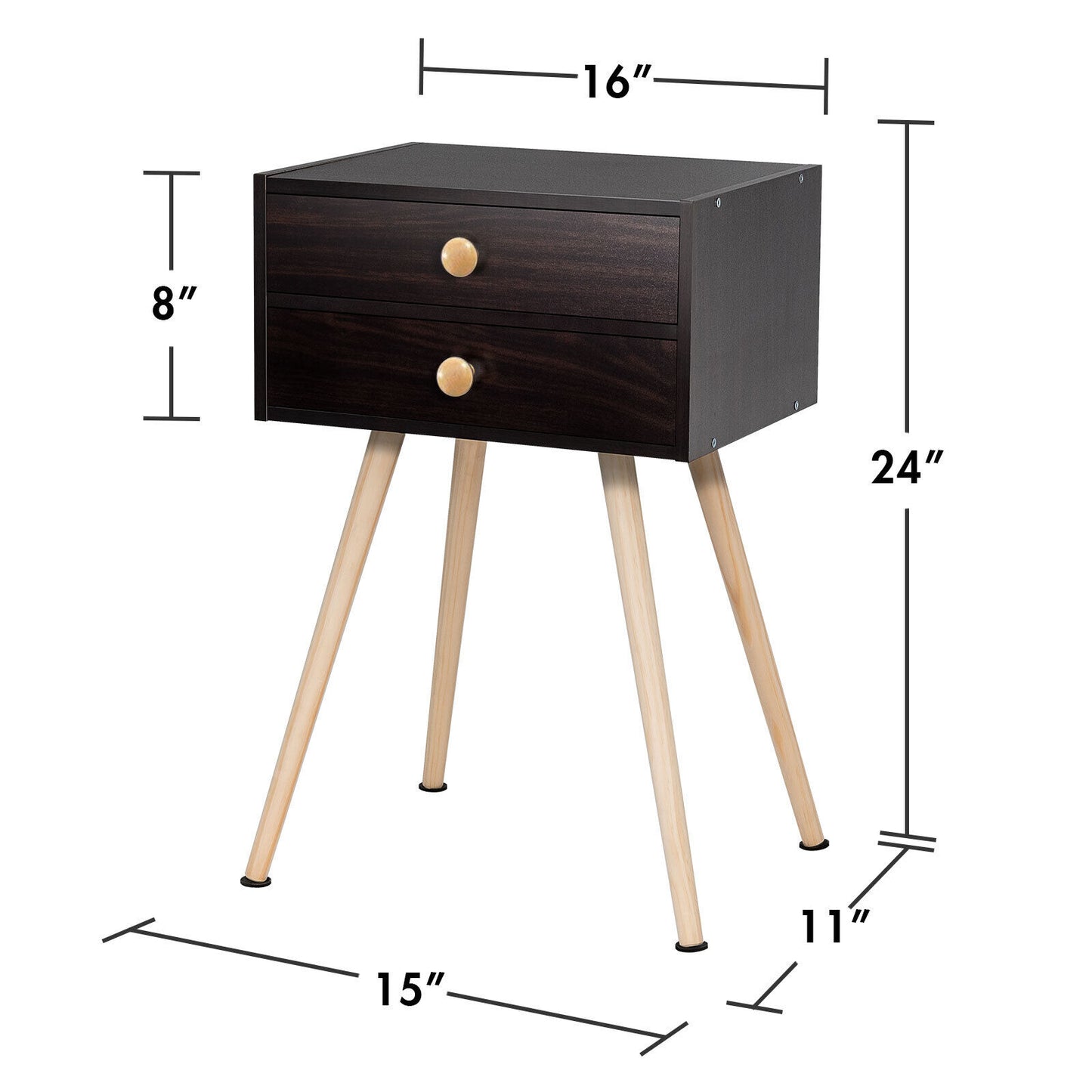 Compact Nightstand with Storage Drawers, Mid-Century Style – Brown