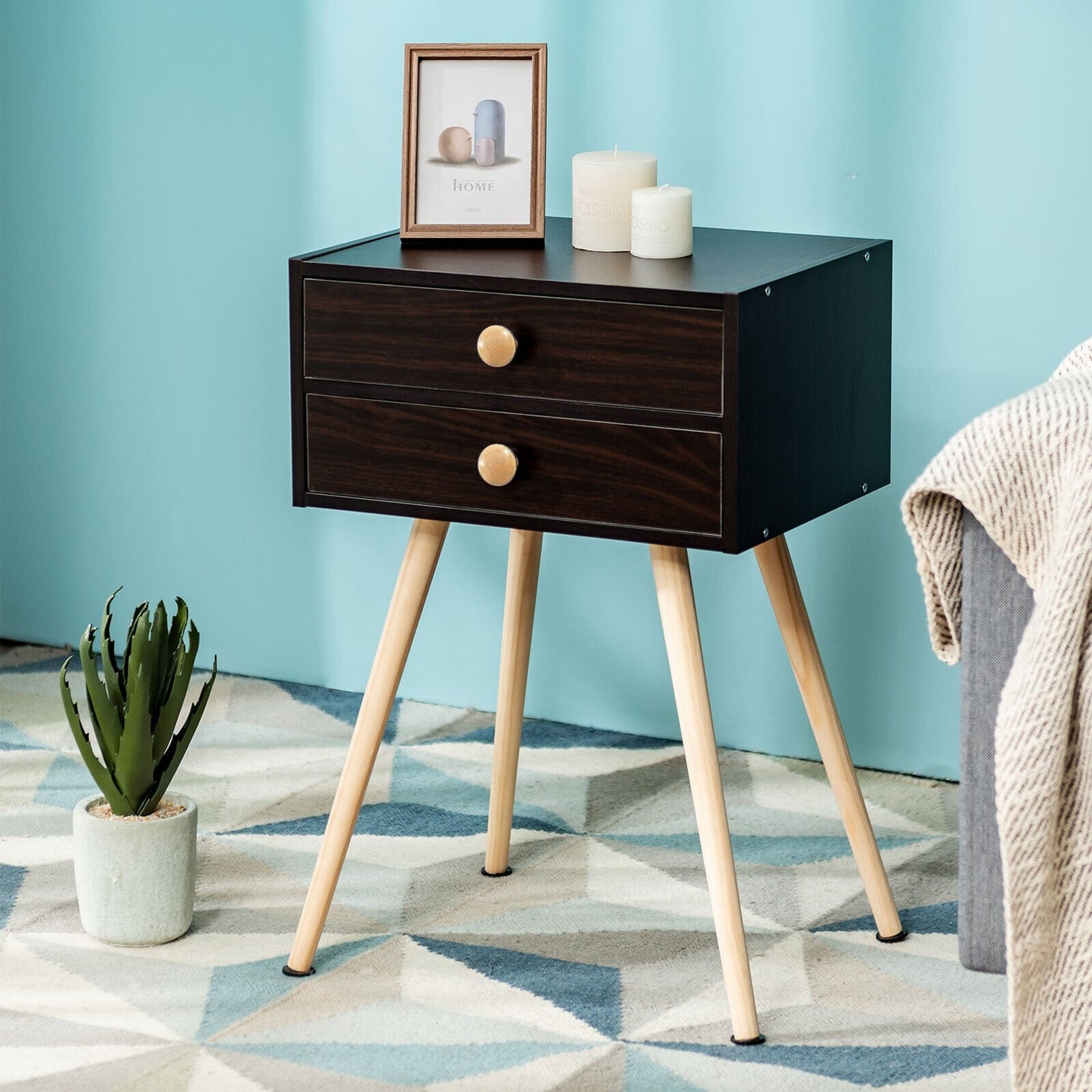 Compact Nightstand with Storage Drawers, Mid-Century Style – Brown