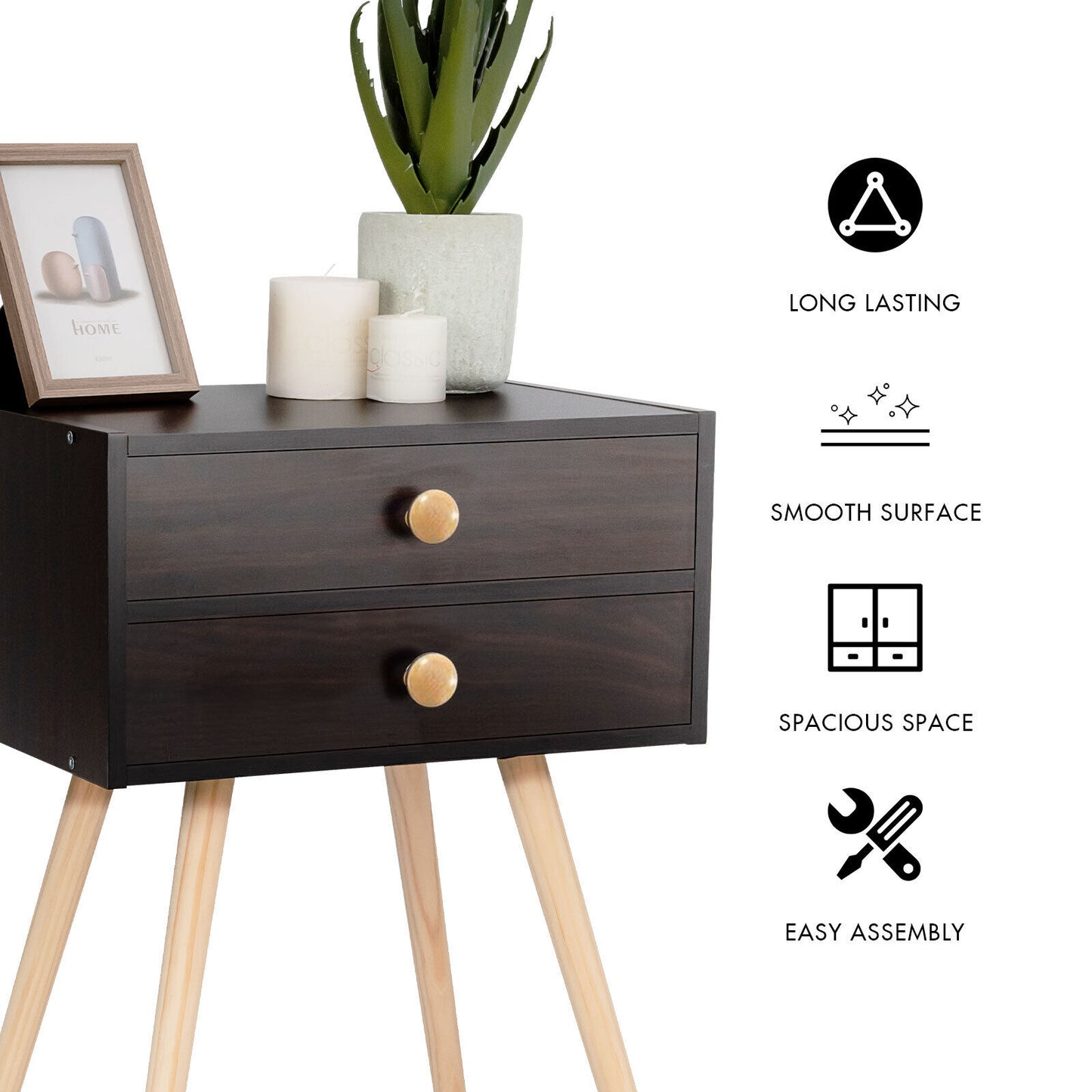 Compact Nightstand with Storage Drawers, Mid-Century Style – Brown