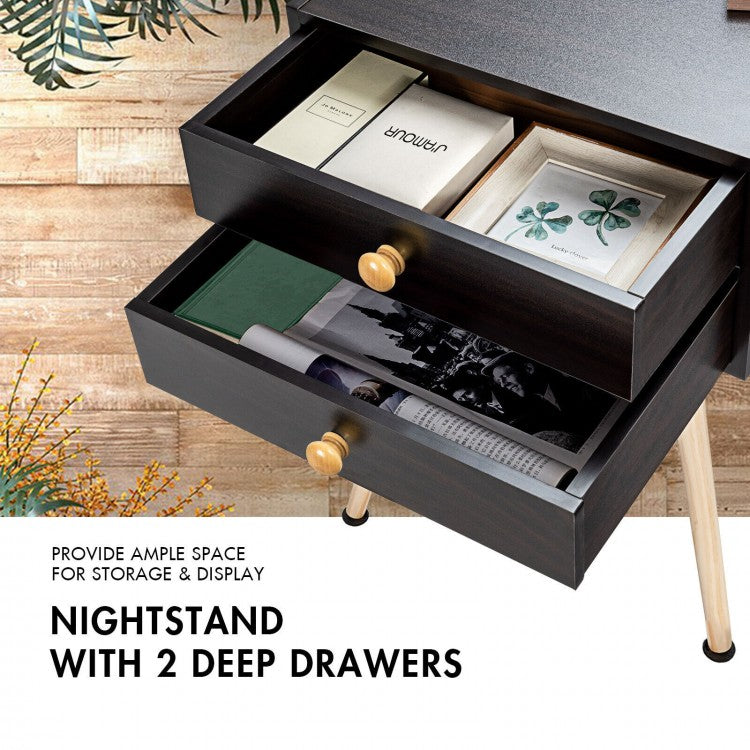 Compact Nightstand with Storage Drawers, Mid-Century Style – Brown