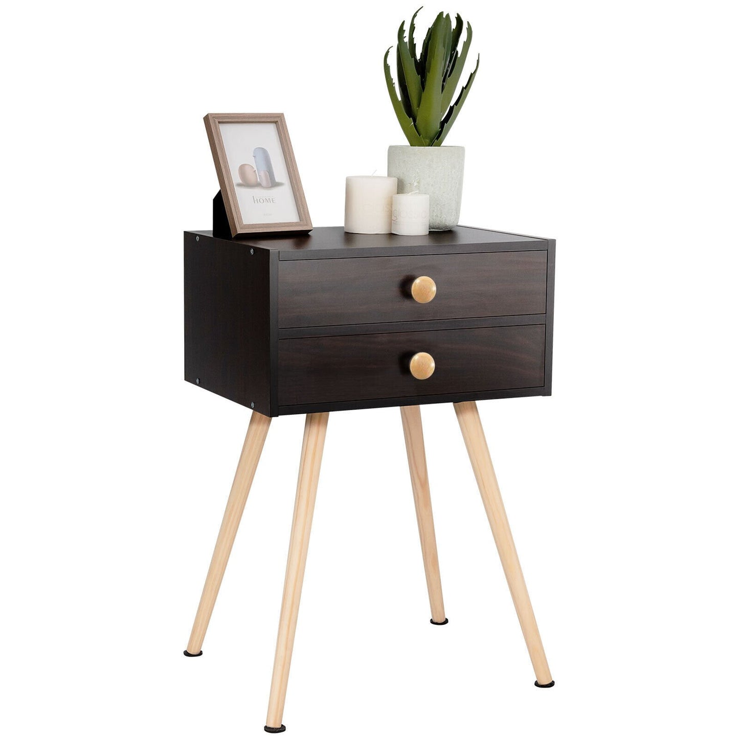 Compact Nightstand with Storage Drawers, Mid-Century Style – Brown