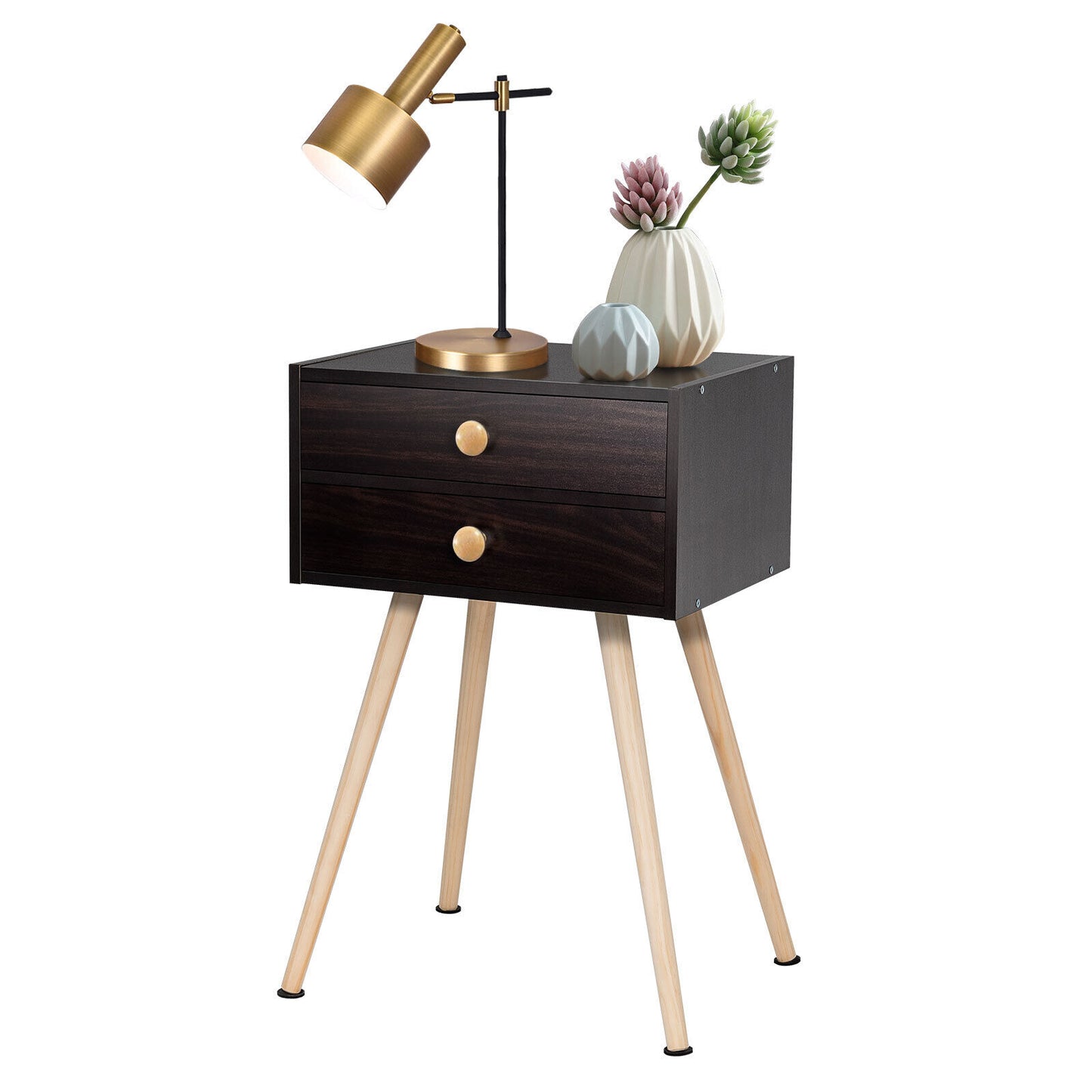 Compact Nightstand with Storage Drawers, Mid-Century Style – Brown