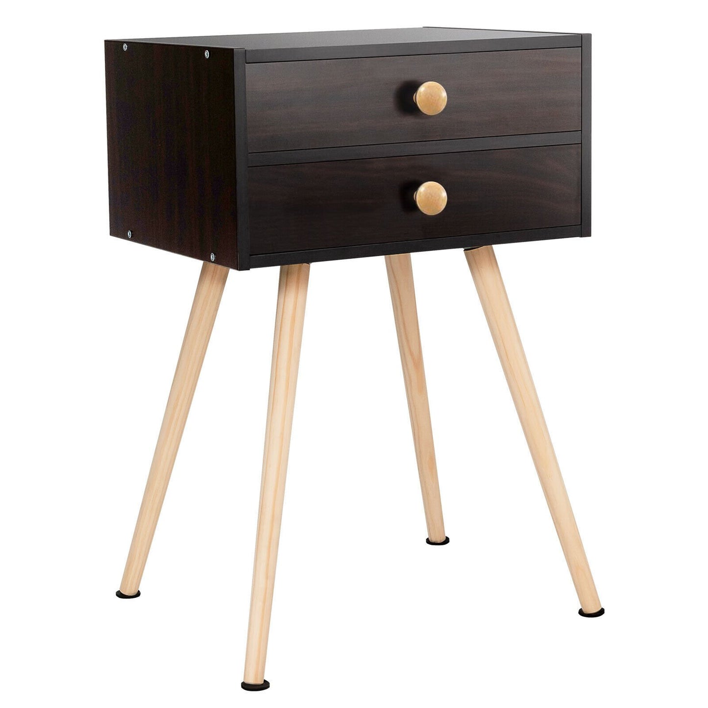 Compact Nightstand with Storage Drawers, Mid-Century Style – Brown