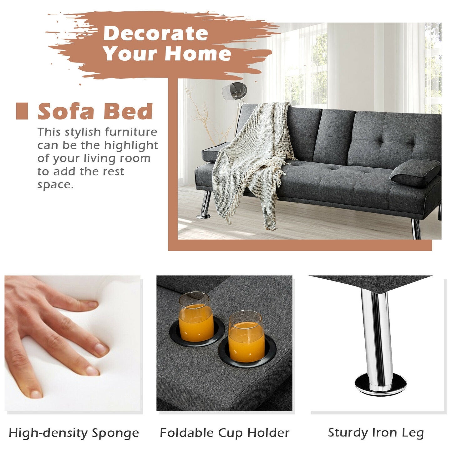 Convertible Futon Sofa Bed with Cup Holders and Adjustable Backrest, Linen Upholstery, Dark Grey