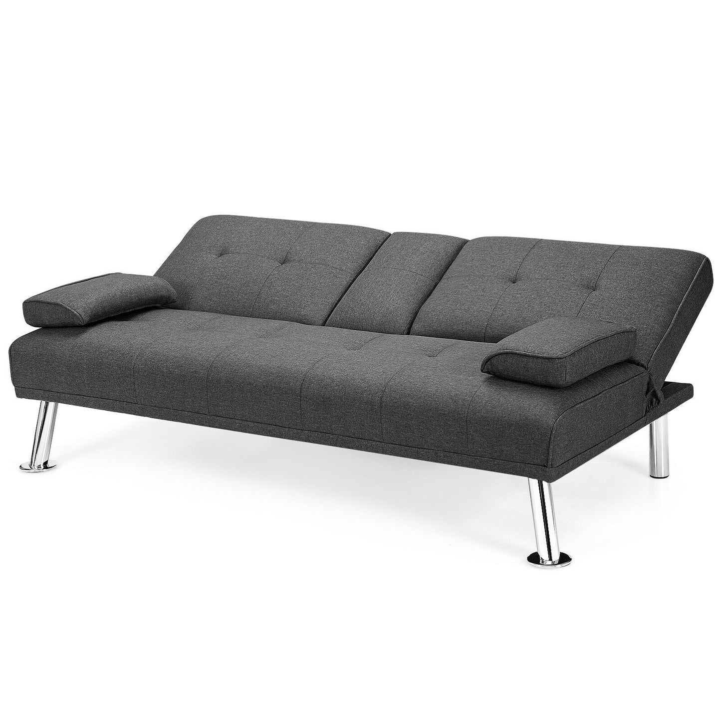 Convertible Futon Sofa Bed with Cup Holders and Adjustable Backrest, Linen Upholstery, Dark Grey