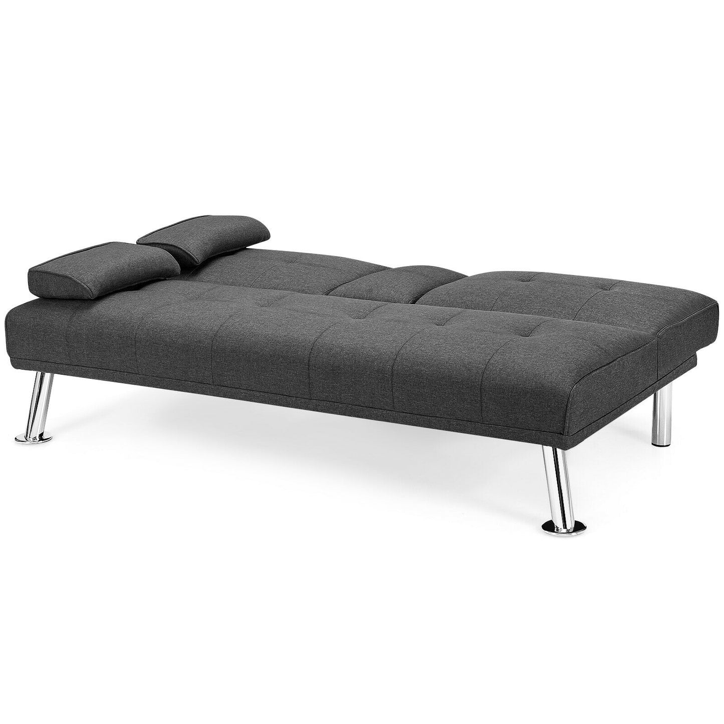 Convertible Futon Sofa Bed with Cup Holders and Adjustable Backrest, Linen Upholstery, Dark Grey