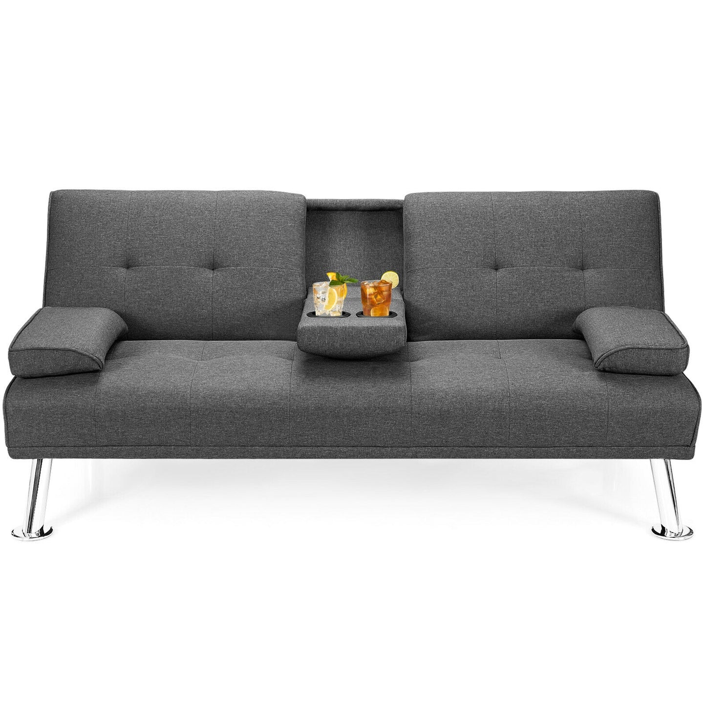 Convertible Futon Sofa Bed with Cup Holders and Adjustable Backrest, Linen Upholstery, Dark Grey