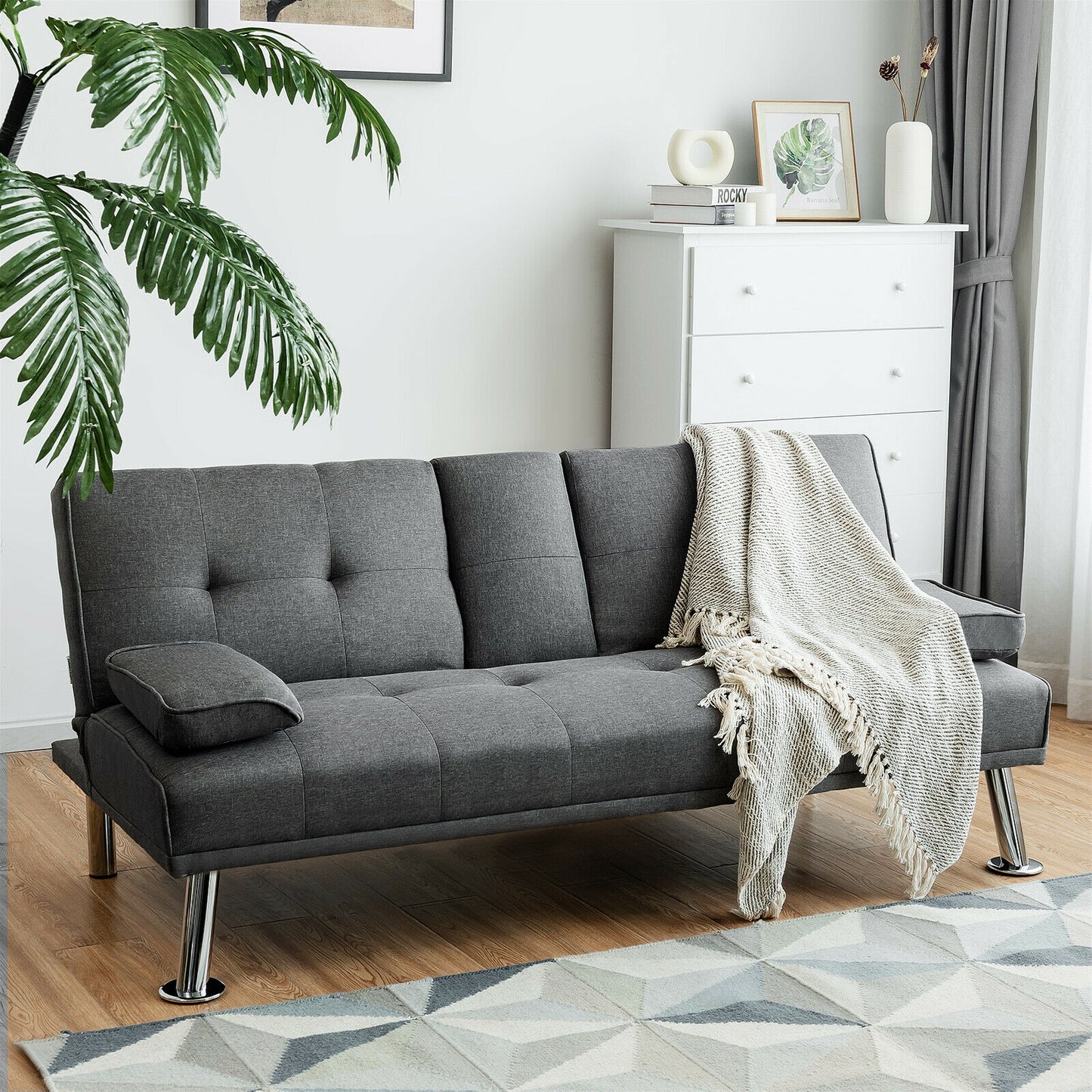 Convertible Futon Sofa Bed with Cup Holders and Adjustable Backrest, Linen Upholstery, Dark Grey