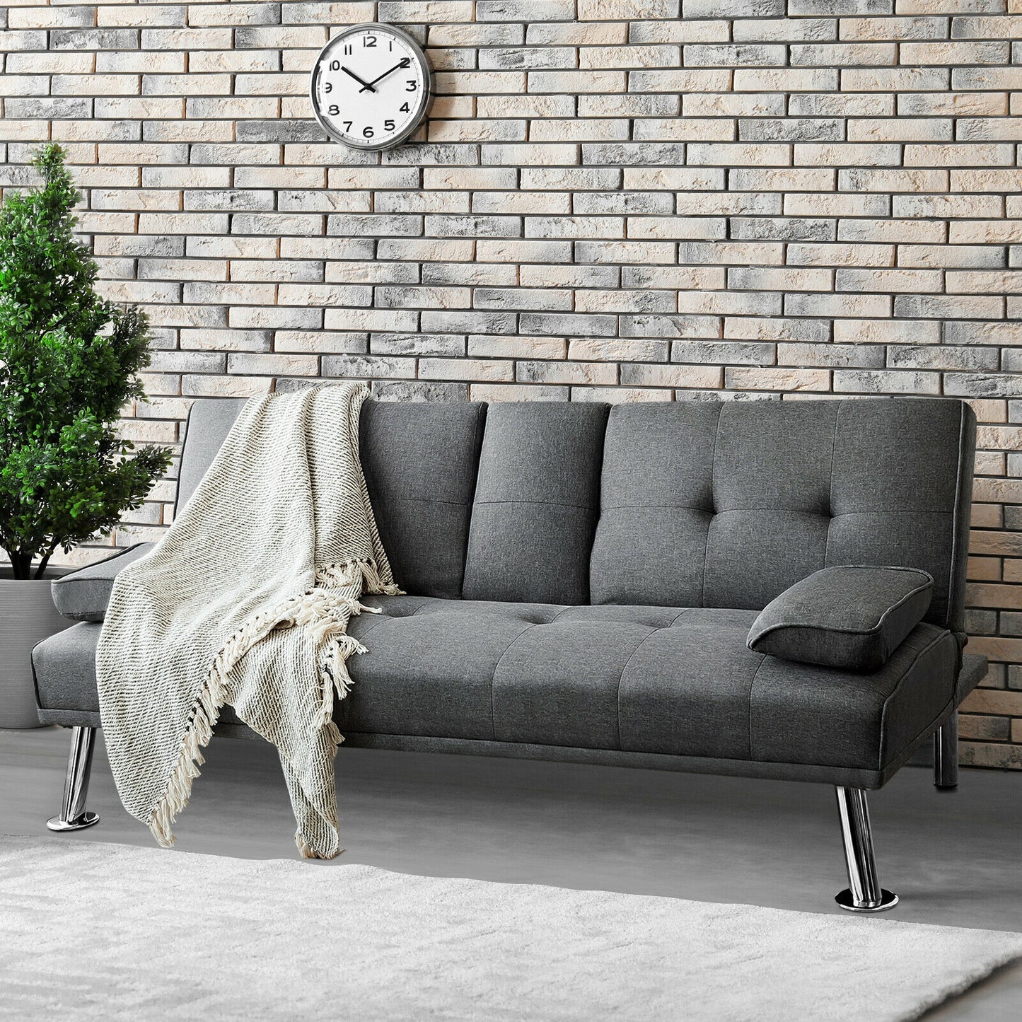 Convertible Futon Sofa Bed with Cup Holders and Adjustable Backrest, Linen Upholstery, Dark Grey