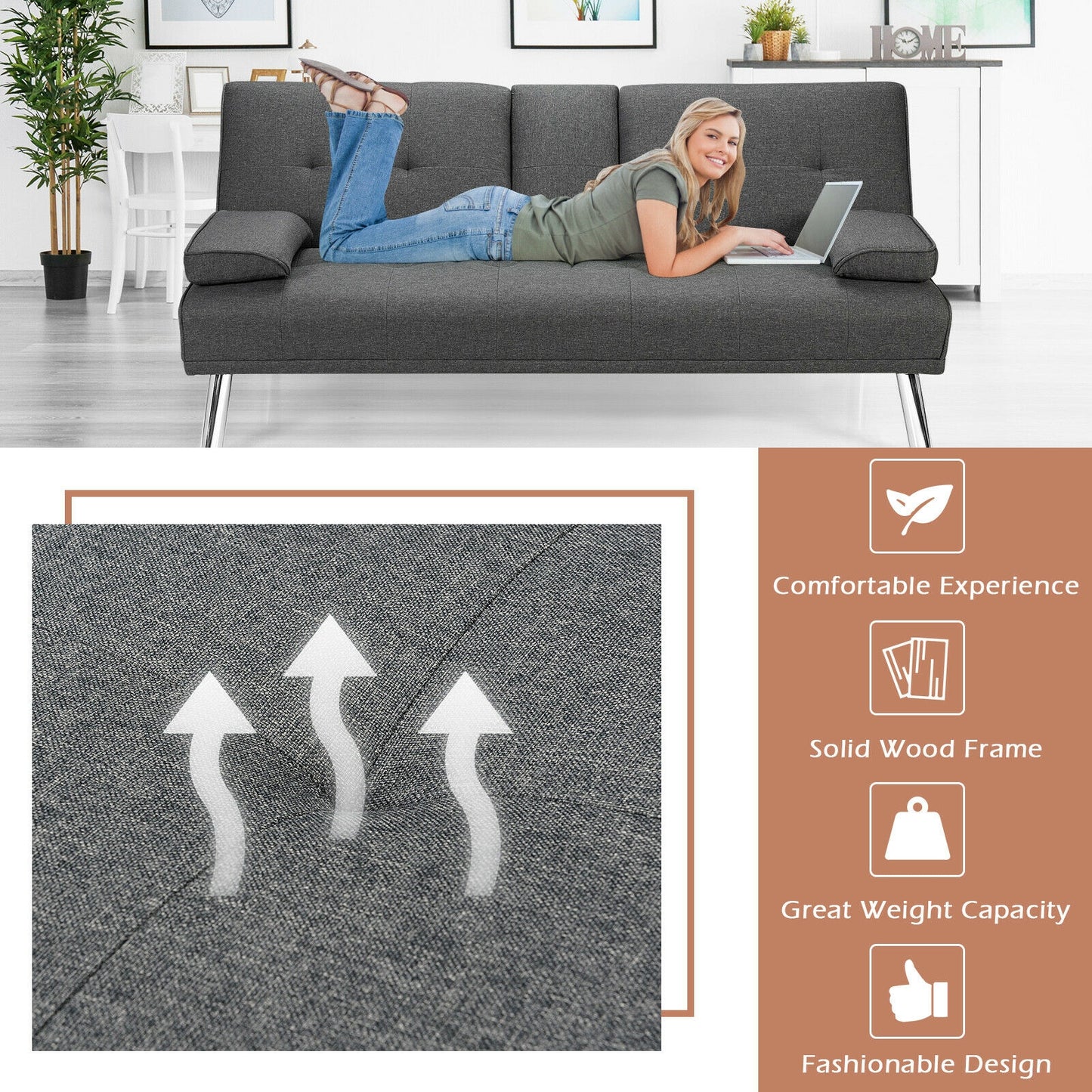Convertible Futon Sofa Bed with Cup Holders and Adjustable Backrest, Linen Upholstery, Dark Grey