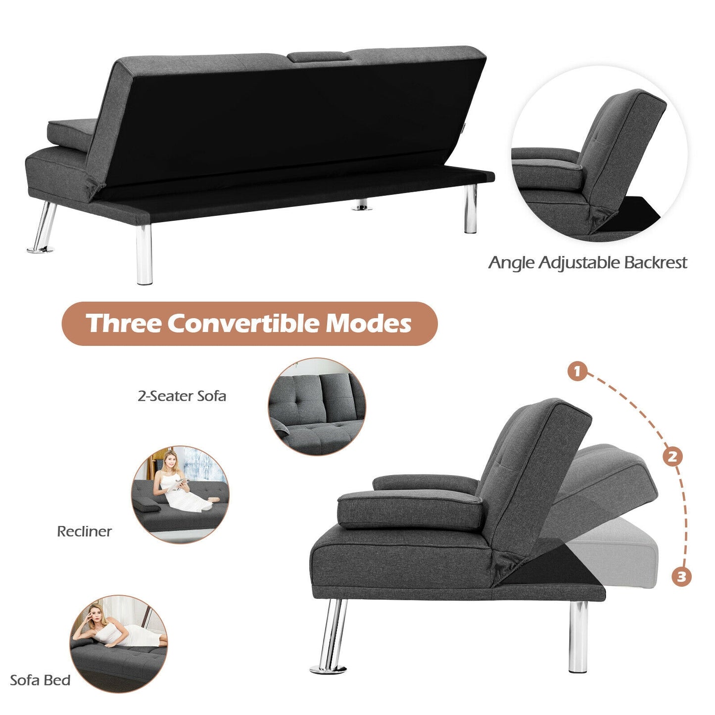 Convertible Futon Sofa Bed with Cup Holders and Adjustable Backrest, Linen Upholstery, Dark Grey
