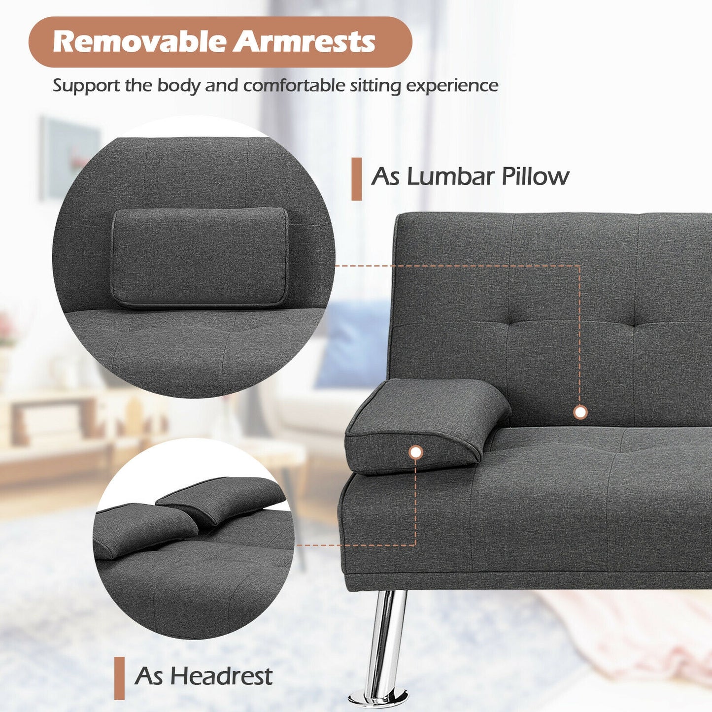 Convertible Futon Sofa Bed with Cup Holders and Adjustable Backrest, Linen Upholstery, Dark Grey