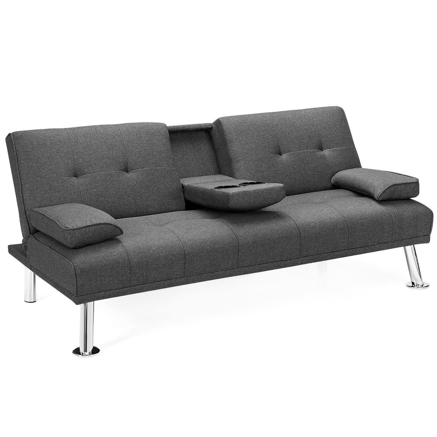 Convertible Futon Sofa Bed with Cup Holders and Adjustable Backrest, Linen Upholstery, Dark Grey